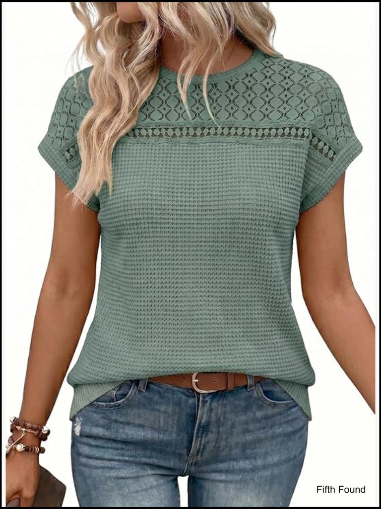 Scoop Neck Short Sleeve Waffle Knit Tunic Blouse